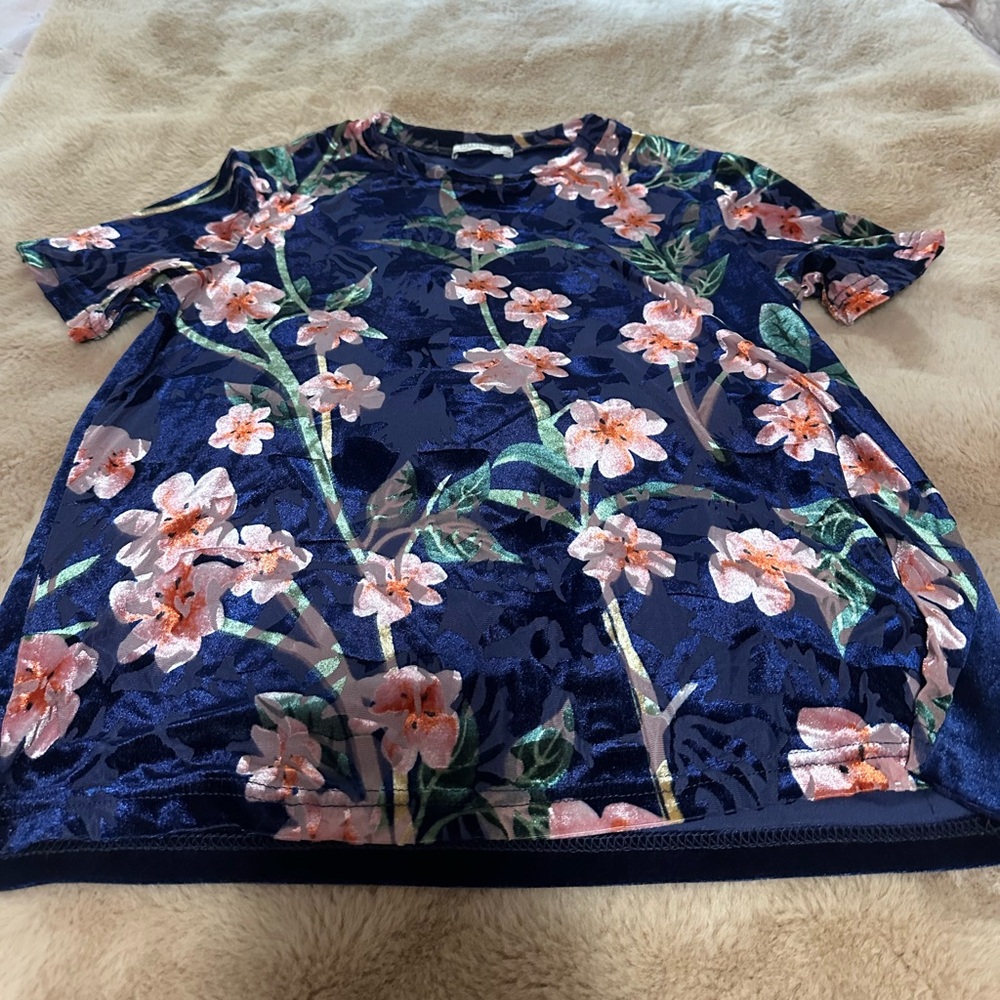 Zara Navy Velvet Top with Floral Accents S